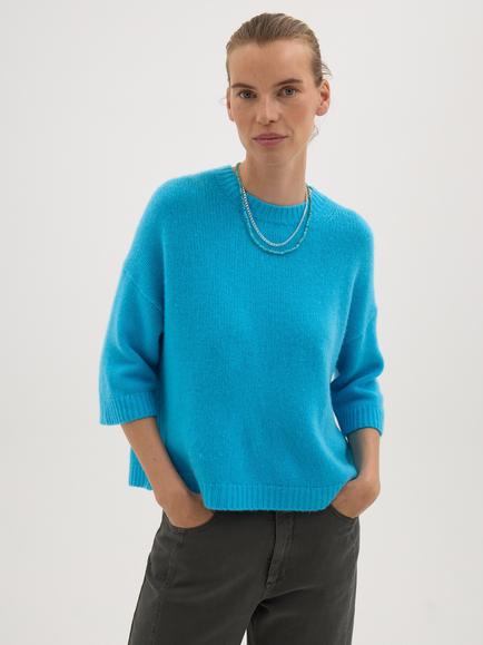 HUSH Chunky Short Sleeve Pure Cashmere Top, Turquoise Blue
