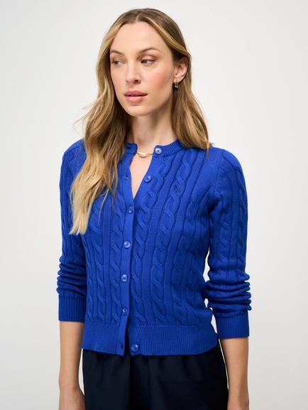 Crew Clothing Heritage Cotton Cable-Knit Cardigan, Cobalt Blue