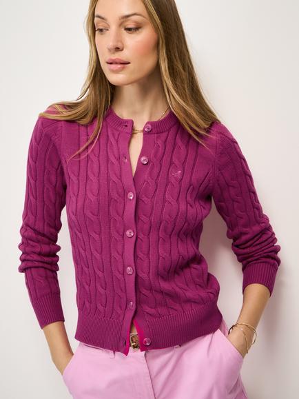 Crew Clothing Heritage Cotton Cable-Knit Cardigan, Fuchsia