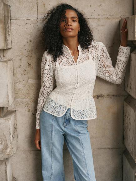 Mint Velvet Lace Military Blouse, White Ivory - view 2, White Ivory