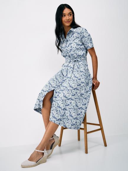 Crew Clothing Darla Chambray Floral Printed Shirt Dress, Indigo Blue, Indigo Blue