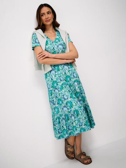 Crew Clothing Bethany Tiered Jersey Midi Dress containing LENZING™ ECOVERO™ Viscose, Turquoise/Multi, Turquoise/Multi