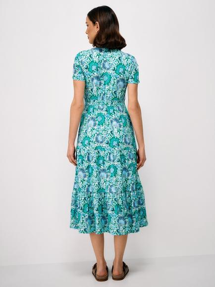 Crew Clothing Bethany Tiered Jersey Midi Dress containing LENZING™ ECOVERO™ Viscose, Turquoise/Multi - view 2, Turquoise/Multi