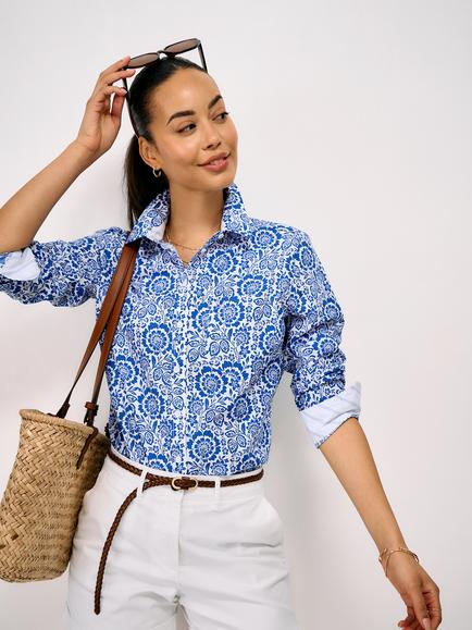 Crew Clothing Floral Relaxed Fit Cotton Poplin Shirt, Cobalt Blue, Cobalt Blue