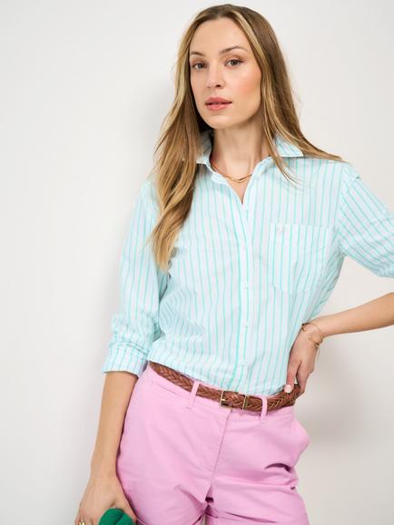 Crew Clothing Striped Relaxed Fit Cotton Poplin Shirt, Turquoise Blue, Turquoise Blue