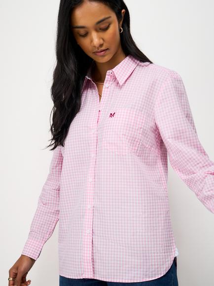 Crew Clothing Small Gingham Relaxed Fit Cotton Poplin Shirt, Mid Pink