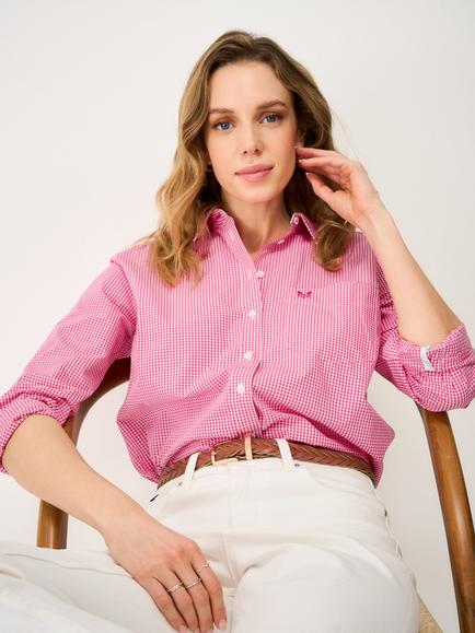 Crew Clothing Small Gingham Relaxed Fit Cotton Poplin Shirt, Multi Pink