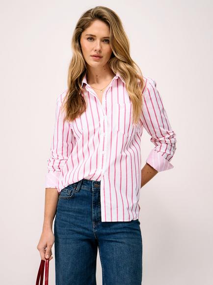 Crew Clothing Striped Relaxed Fit Cotton Poplin Shirt, Raspberry Pink