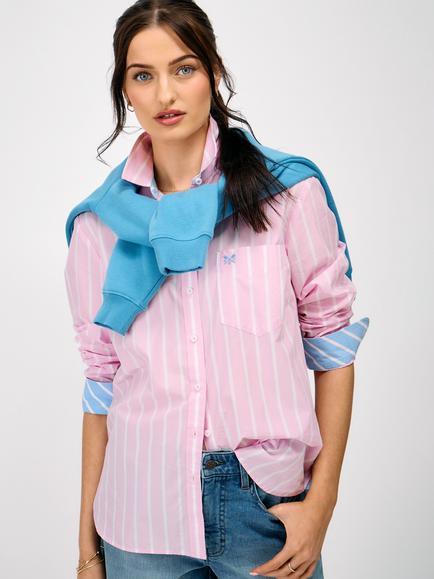 Crew Clothing Striped Relaxed Fit Cotton Poplin Shirt, Rose Pink