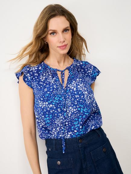 Crew Clothing Ondine Ditsy Floral Tie Neck Top, Mid Blue, Mid Blue