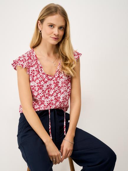 Crew Clothing Ondine Daisy Floral Tie Neck Top, Red Wine/White, Red Wine/White