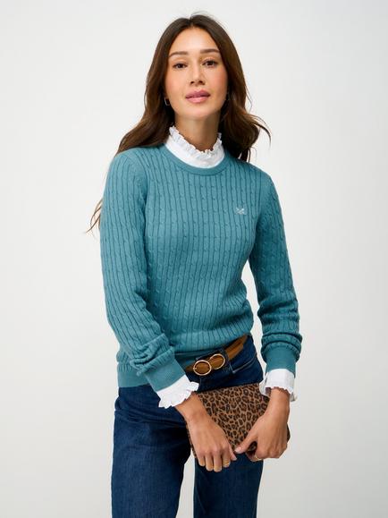 Crew Clothing Heritage Cable Crew Neck Jumper, Turquoise Blue, Turquoise Blue
