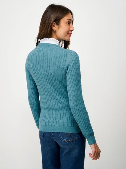 Crew Clothing Heritage Cable Crew Neck Jumper, Turquoise Blue - view 2, Turquoise Blue