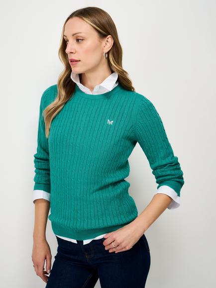 Crew Clothing Heritage Cable Knit Jumper, Turquoise Green