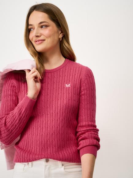 Crew Clothing Heritage Cable Crew Neck Jumper, Coral Pink, Coral Pink