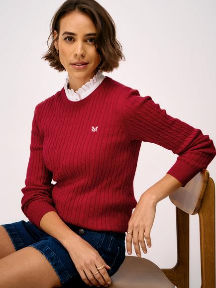 Crew Clothing Heritage Cable Crew Neck Jumper, Red Wine, Red Wine