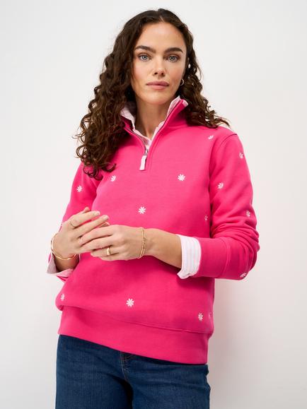 Crew Clothing Daisy Embroidered Half Zip Sweatshirt, Mid Pink, Mid Pink