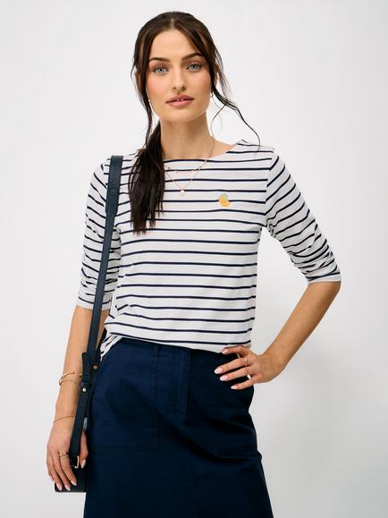 Crew Clothing Embroidered Cotton Breton Stripe Long Sleeve Top, White, White