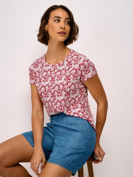 Crew Clothing Daisy Floral Viscose Rich T-Shirt, Bright Red, Bright Red