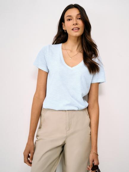 Crew Clothing Perfect V-Neck Cotton Slub Striped T-Shirt, Aqua Blue, Aqua Blue