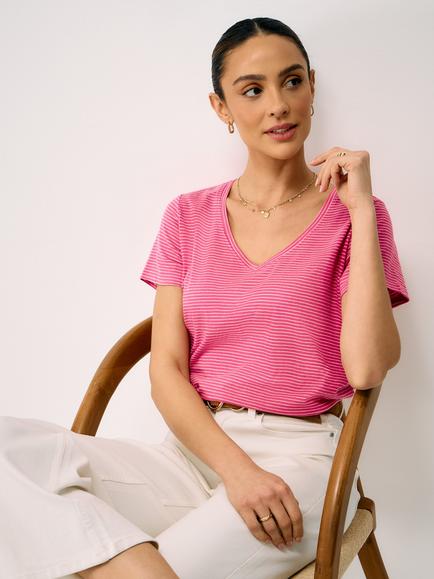 Crew Clothing Perfect V-Neck Cotton Slub Striped T-Shirt, Pink Multi, Pink Multi