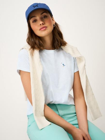 Crew Clothing Striped Embroidered Cotton-Slub Crew T-Shirt, Blue, Blue