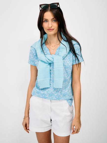 Crew Clothing Notch Neck Hibiscus Floral Printed T-Shirt, Aqua Blue/White, Aqua Blue/White