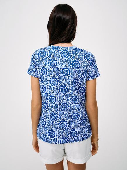 Crew Clothing Notch Neck Floral Printed T-Shirt, Bright Blue/White - view 2, Bright Blue/White