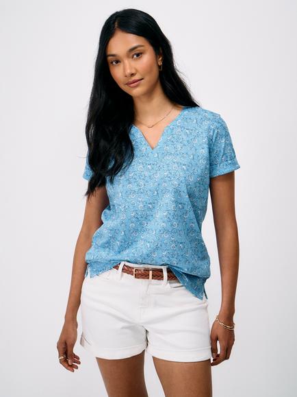 Crew Clothing Notch Neck Woodblock Floral Printed T-Shirt, Cornflower Blue, Cornflower Blue