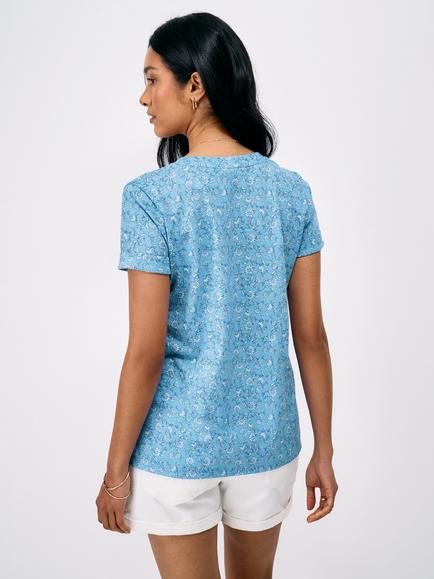 Crew Clothing Notch Neck Woodblock Floral Printed T-Shirt, Cornflower Blue - view 2, Cornflower Blue