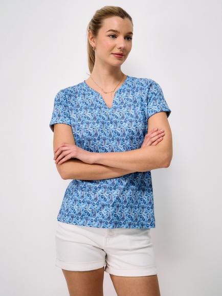 Crew Clothing Notch Neck Paisley Printed T-Shirt, Light Blue, Light Blue