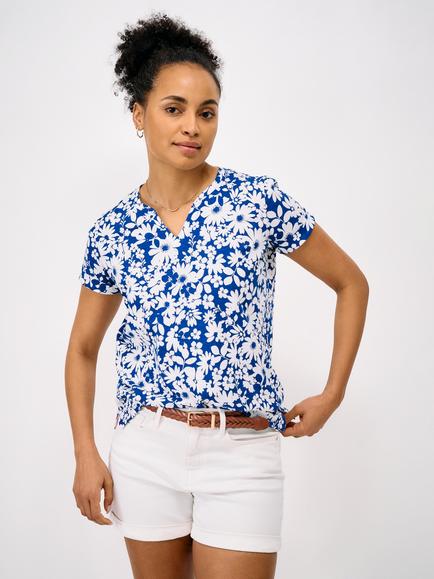 Crew Clothing Floral Print Notch Neck T-Shirt, Ocean Blue/White, Ocean Blue/White
