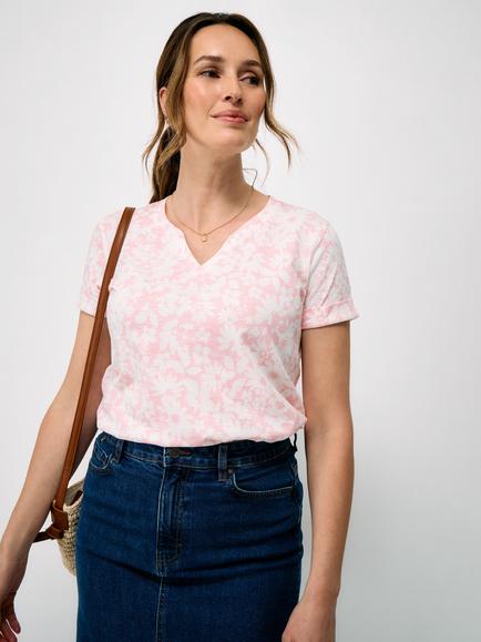Crew Clothing Floral Print Notch Neck Cotton T-Shirt, Light Pink/White, Light Pink/White
