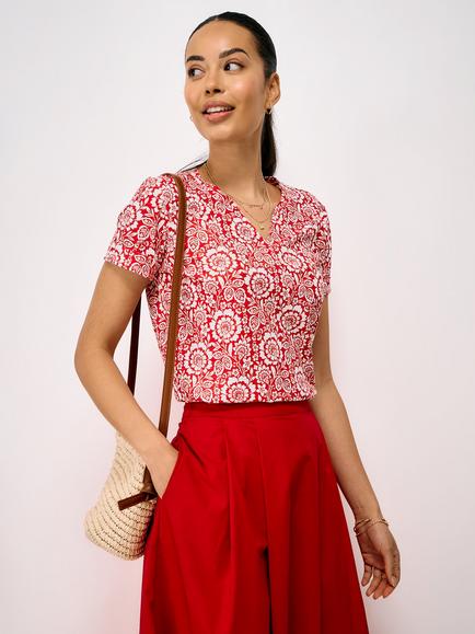 Crew Clothing Notch Neck Floral Printed T-Shirt, Bright Red, Bright Red