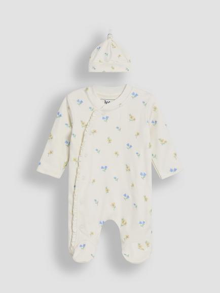 JoJo Maman Bébé Baby Cotton 2-Piece Embroidered Sleepsuit and Hat Set, Cream, Cream