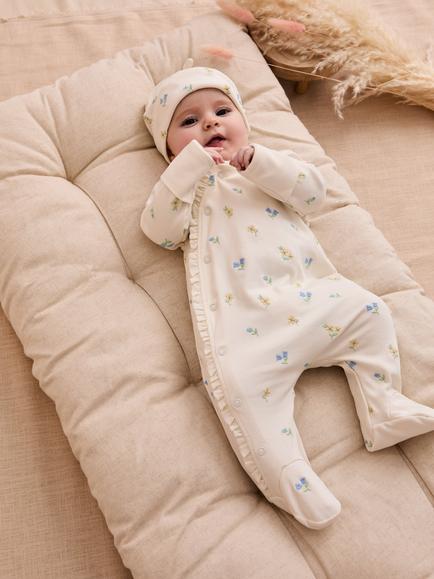 JoJo Maman Bébé Baby Cotton 2-Piece Embroidered Sleepsuit and Hat Set, Cream - view 2, Cream