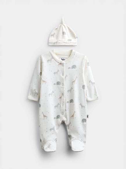 JoJo Maman Bébé Baby Cotton Safari Print Sleepsuit & Hat Set, Cream, Cream