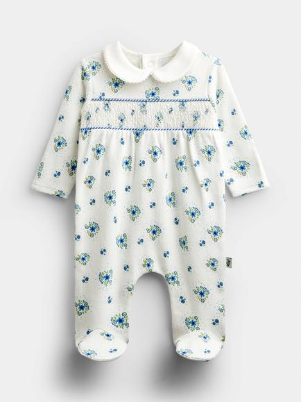 JoJo Maman Bébé Baby Floral Smocked Sleepsuit, Blue, Blue