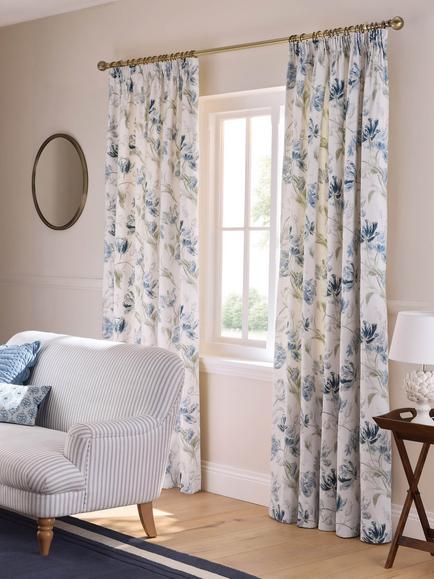 Laura Ashley Gosford Pair Lined Pencil Pleat Curtains, Heritage Blue, Heritage Blue