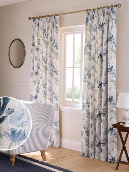 Laura Ashley Gosford Pair Lined Pencil Pleat Curtains, Heritage Blue - view 2, Heritage Blue