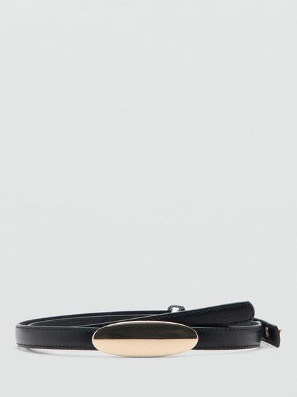 Mango Sculptural Oval Buckle Slim Waist Belt, Black
