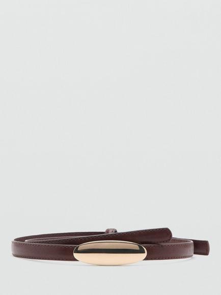 Mango Sculptural Oval Buckle Slim Waist Belt, Bordeaux