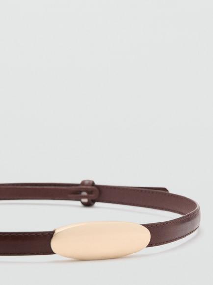 Mango Sculptural Oval Buckle Slim Waist Belt - view 2, Bordeaux