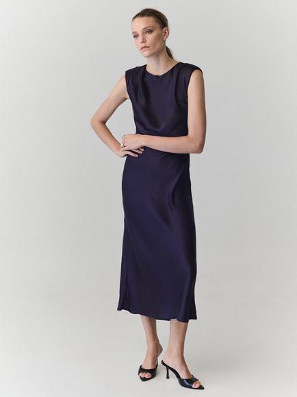 Mango Sleeveless Round Neck Midi Dress, Midnight Blue, Midnight Blue