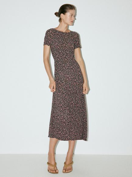Mango Floral Drape Detail Dress, Black, Black