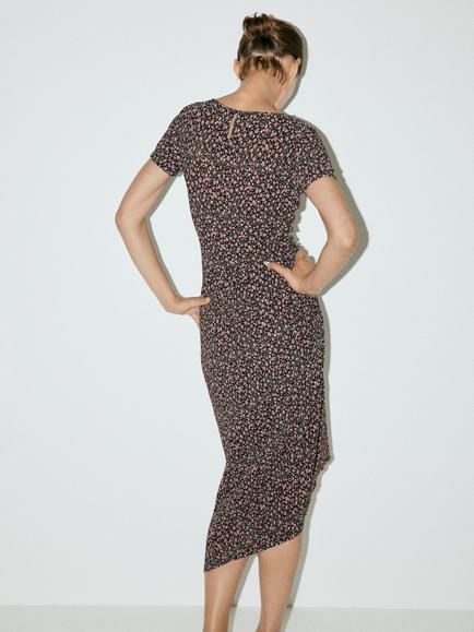 Mango Floral Drape Detail Dress, Black - view 2, Black