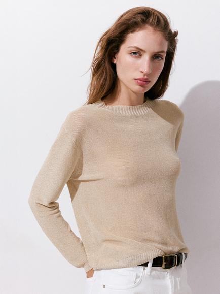 Mango Crew Neck Long Sleeve Knit Jumper, Gold, Gold