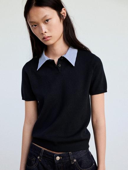 Mango Contrast Collar Short Sleeve Polo Jumper, Navy, Navy