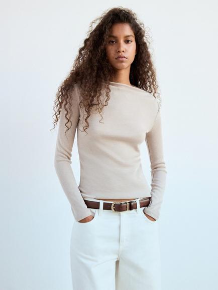 Mango Boat Neck Long Sleeve Top, Sand