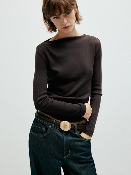 Mango Boat Neck Long Sleeve Top, Chocolate
